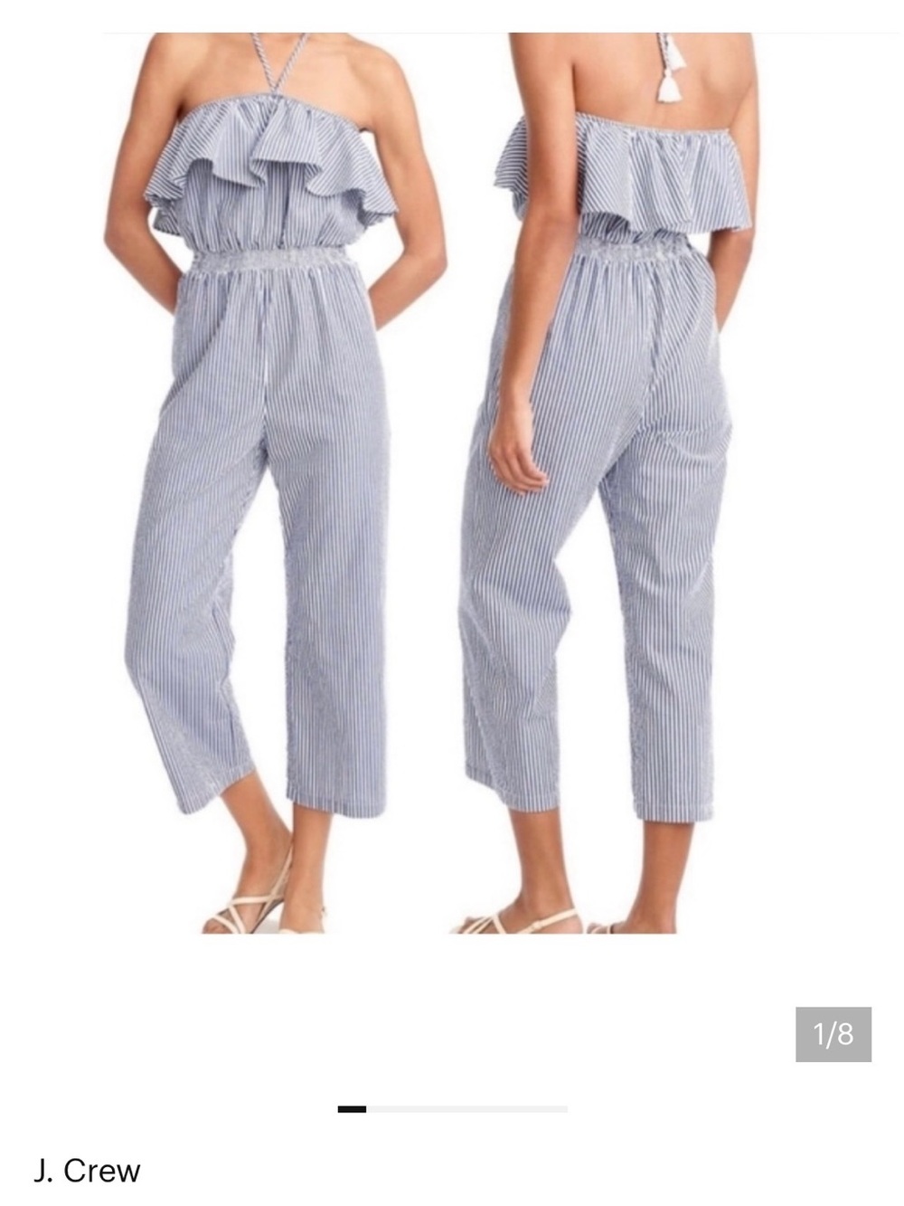 J. Crew Blue and White Pinstripe Strapless Ruffle Jumpsuit